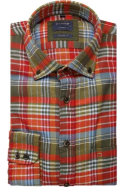 OLYMP Casual Modern Fit Flanellhemd Oliv, Kariert